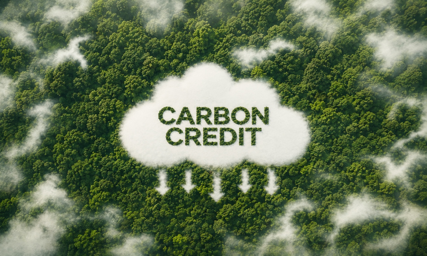 Aerial view of a forest where a cloud forms the words carbon credit