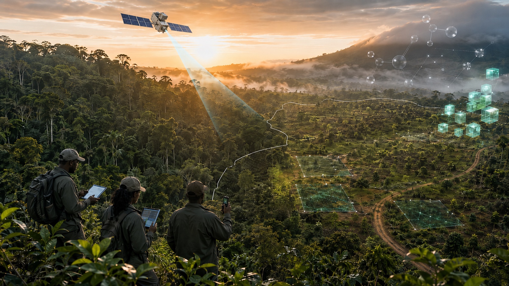 Field team with tablets surveying a forest at sunset, with a satellite overhead, mapped sample plots and data overlays