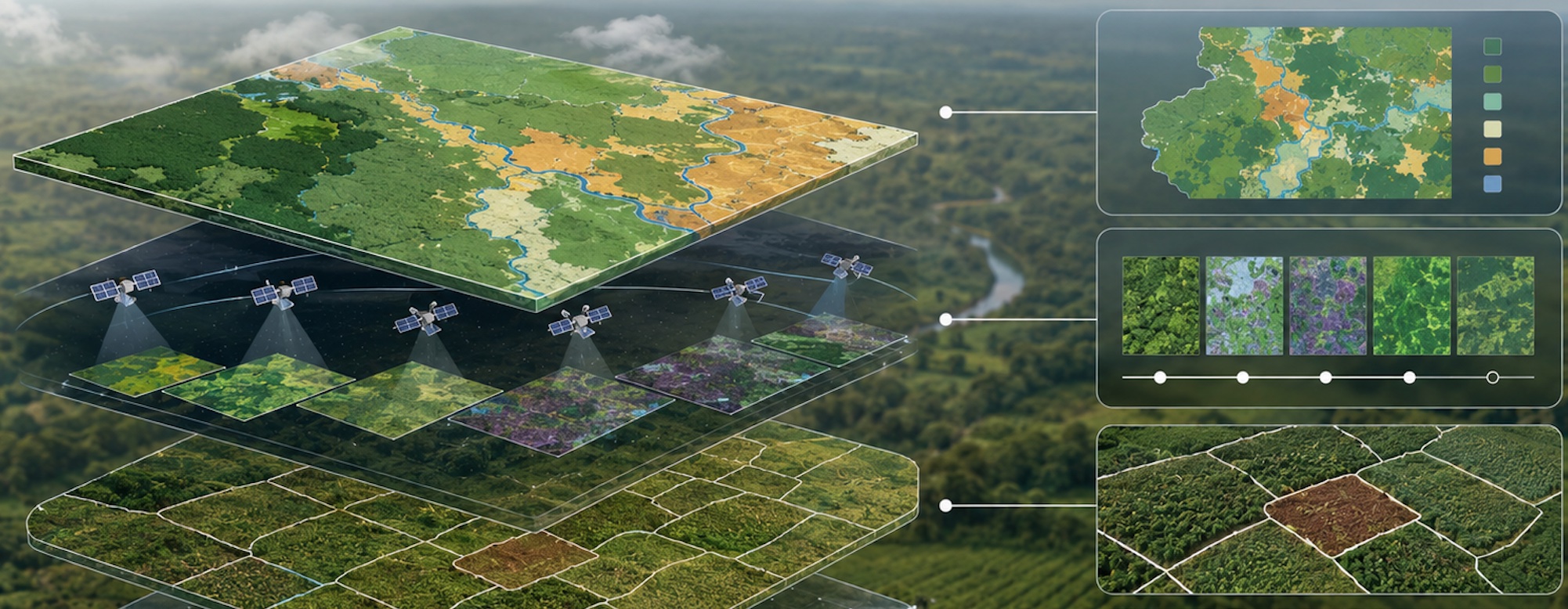 Satellite monitoring visualization: land-use map, orbiting satellites and cleared plots